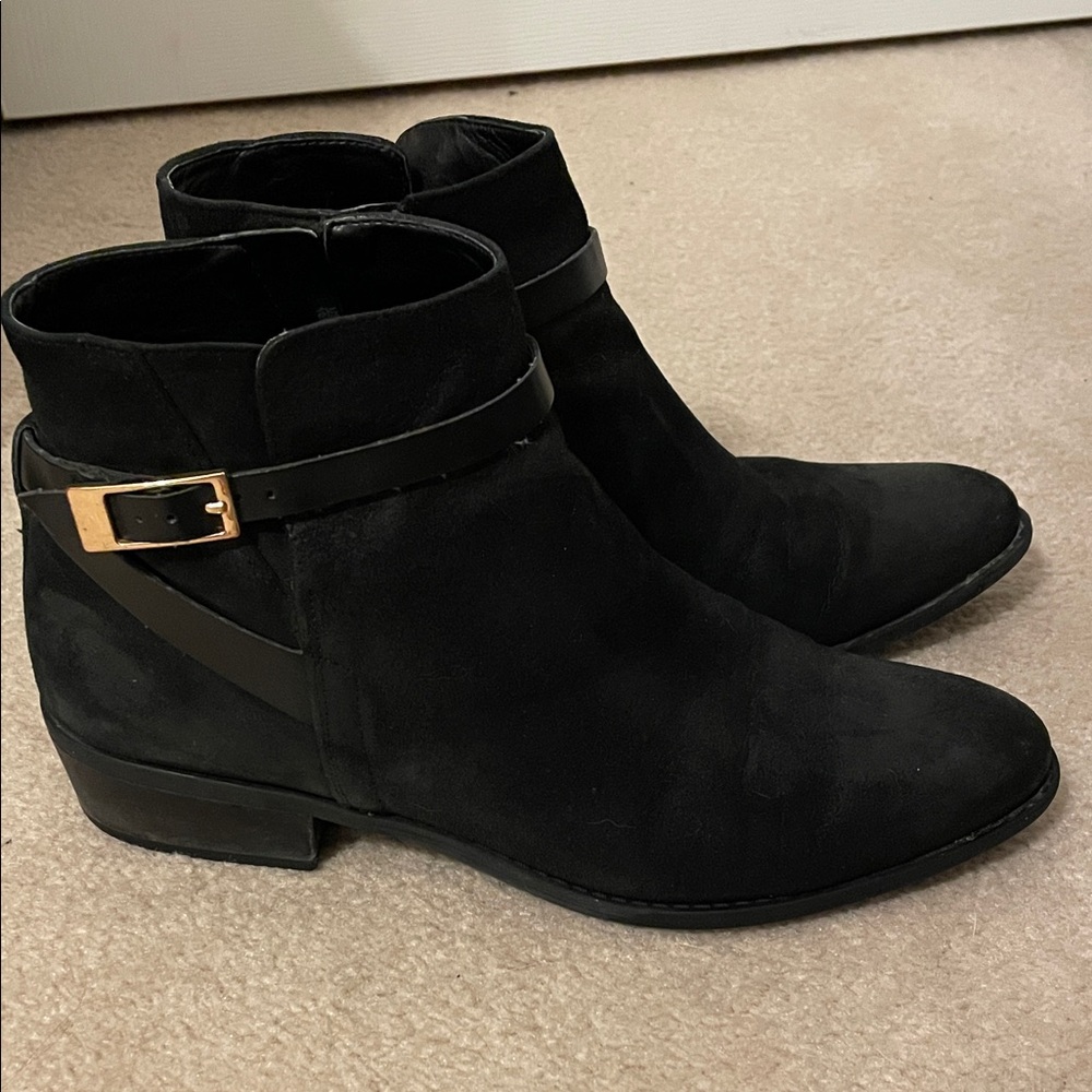 Franco Sarto Black Ankle Boots with Gold Buckle